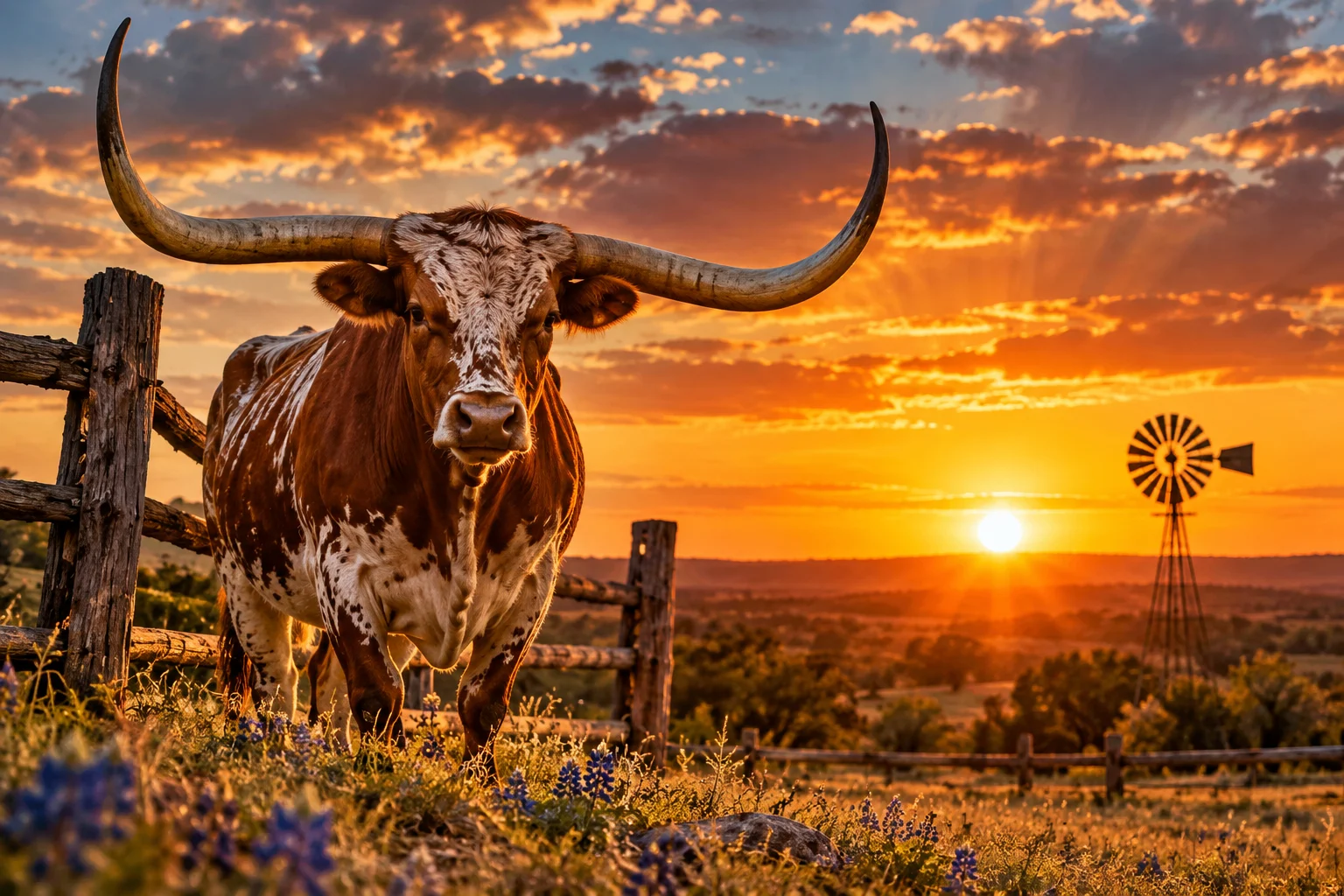 Texas Longhorn on a ranch at sunset representing The Big Texan photo booth experience
